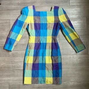 Vintage 80s Cool Toned Check Print Square Neck Long Sleeve Dress Barami Size 6